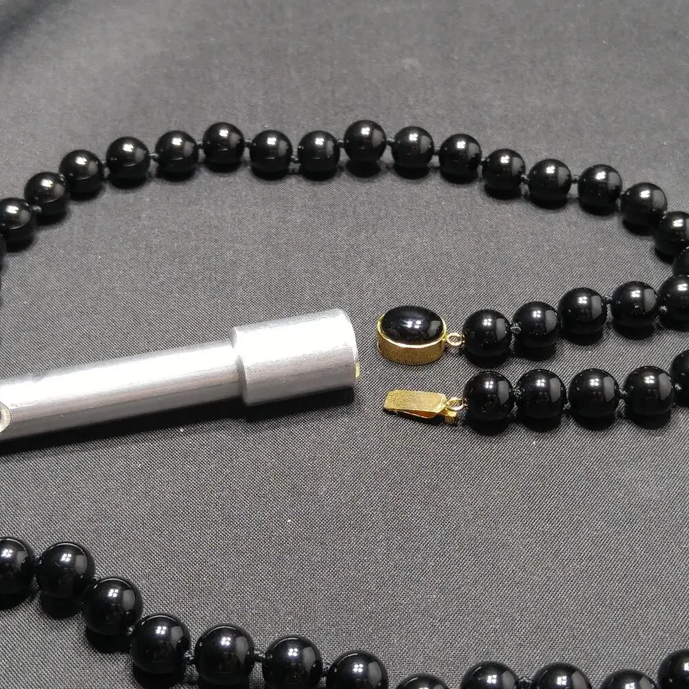 Vintage Onyx Beaded Necklace, Hand Knotted, Gold Tone Clasp, Quartz Tested 1980s